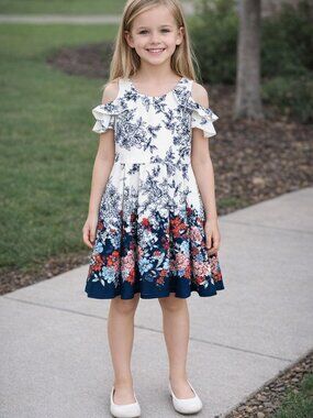 Knitworks White, Navy & Red Floral Fit-and-Flare Dress